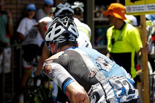Australia&#039;s Graeme Brown is pictured on January 25, 2013 after crashing near the end of stage 4 of the Tour Down Under