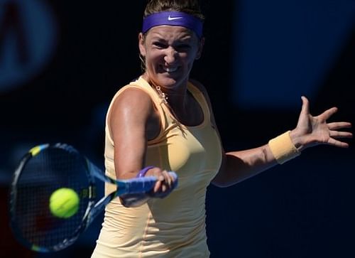 Victoria Azarenkaof Belarus during her Australian Open match against Sloane Stephens of the US on January 24, 2013