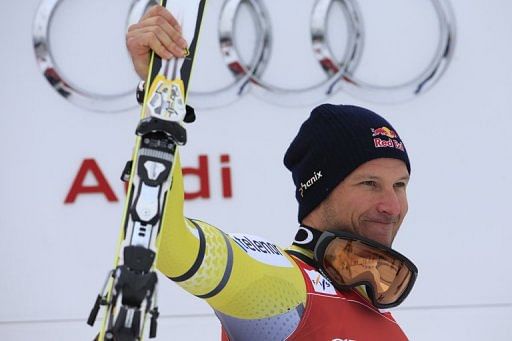 Norway&#039;s Aksel Lund Svindal greets the crowds after competing in the men&#039;s World Cup Super-G on January 25, 2013