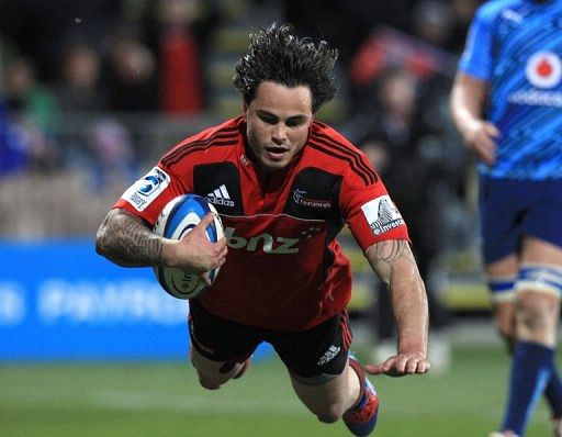 Zac Guildford of the Crusaders scores a try during a rugby union Super 15 match in Christchurch, on July 21, 2012