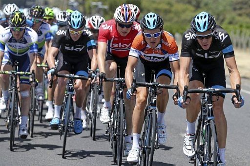 Britain&#039;s Geraint Thomas (2nd R) during the fifth stage of the Tour Down Under in Adelaide on January 26, 2013
