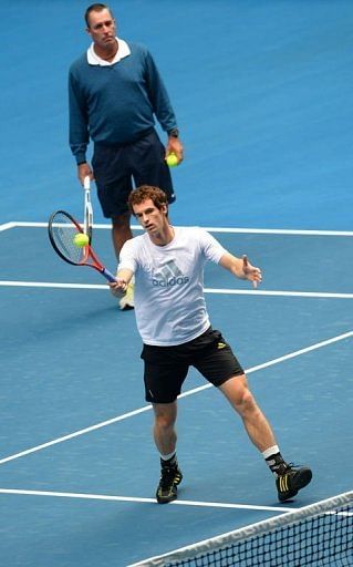 Andy Murray, watched by his coach Ivan Lendl during training session in Melbourne, on January 26, 2013