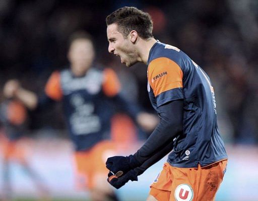 Montpellier&#039;s forward Emmanuel Herrera reacts after scoring a goal on January 26, 2013 in Montpellier