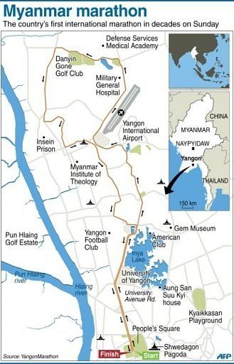 Graphic showing the route of the Yangon marathon