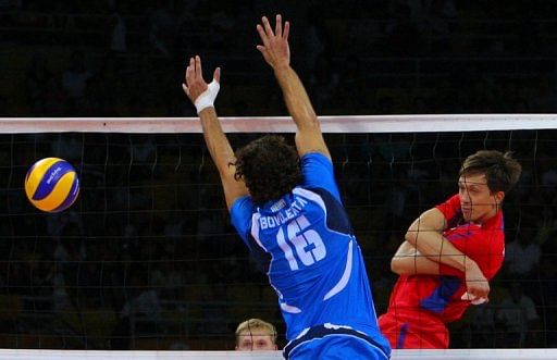 Italy&#039;s Vigor Bovolenta (left) in the men&#039;s volleyball bronze medal match in the Beijing Olympic Games, August 24, 2008