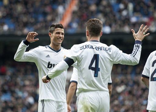 Real Madrid&#039;s Sergio Ramos (right) and Cristiano Ronaldo at the Santiago Bernabeu stadium in Madrid on January  27, 2013