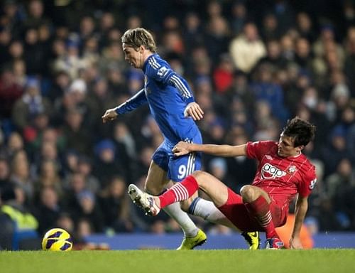 Chelsea striker Fernando Torres (left) and Southampton's Jack Cork at Stamford Bridge in London, on January 16, 2013 Chelsea striker Fernando Torres (left) and Southampton's Jack Cork at Stamford Bridge in London, on January 16, 2013