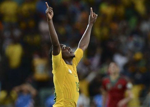 South Africa&#039;s May Mahlangu celebrates after scoring in Durban on January 27, 2013