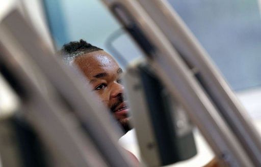 Mathieu Bastareaud reacts during in an indoor training session, on January 27, 2013 in Marcoussis