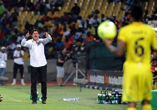 Togo coach Didier Six shouts during his side&#039;s Africa Cup of Nations match against Algeria on January 26, 2013