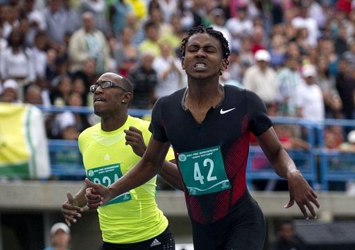 Diego Palomeque (right) wins a 400m race in Medellin, Colombia, on April 28, 2012