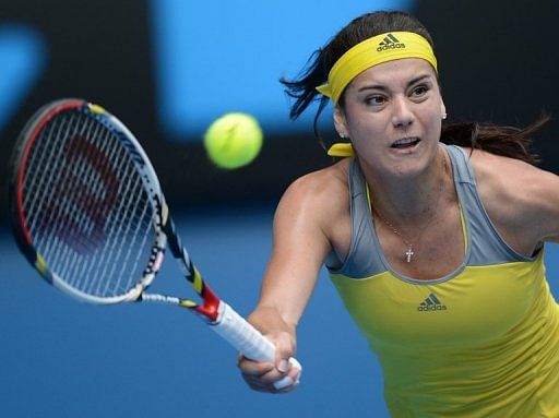 Romania&#039;s Sorana Cirstea hits a return in Melbourne on January 18, 2013