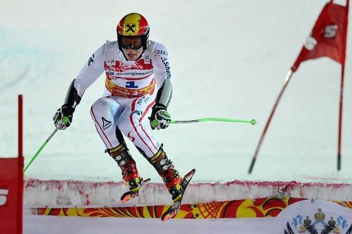 Austria&#039;s Marcel Hirscher competes at the FIS Ski World Cup Parallel Slalom city event in Moscow on January 29, 2013