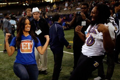 Rocsi Diaz of &#039;Entertainment Tonight&#039; dances with Damien Berry of the Ravens on January 29, 2013 in New Orleans