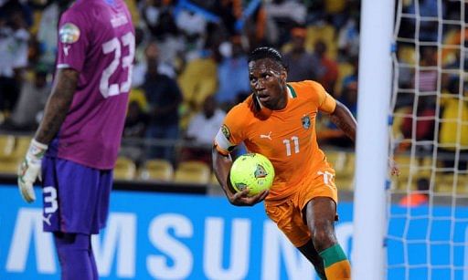 Ivory Coast forward Didier Drogba celebrates after scoring in Rustenburg on January  30, 2013