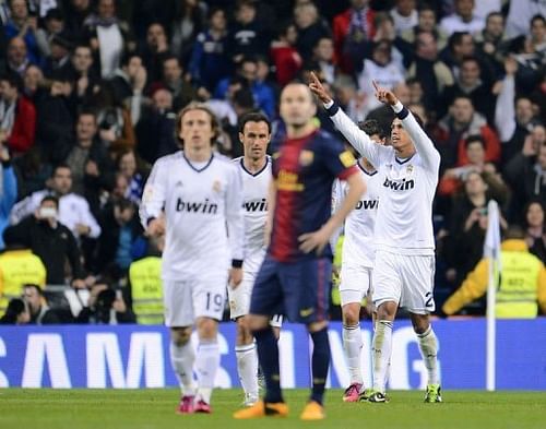 Real Madrid's Raphael Varane (R) celebrates after scoring in Madrid on January 30, 2013 Real Madrid's Raphael Varane (R) celebrates after scoring in Madrid on January 30, 2013