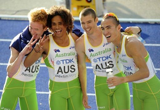 John Steffensen (2ndL) celebrates with his Australian team-mates, at the World Championships, on August 23, 2009