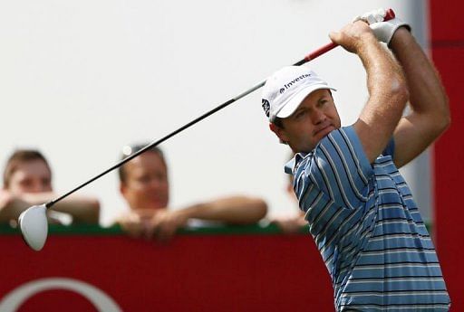 South Africa&#039;s Richard Sterne tees off during the first round of the Dubai Desert Classic in Dubai on January 31, 2013