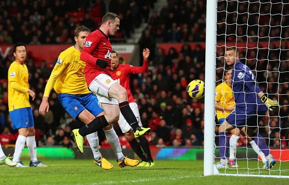 MANCHESTER, ENGLAND - JANUARY 30:  Wayne Rooney of Manchester United scores their second goal during the Barclays Premier League match between Manchester United and Southampton