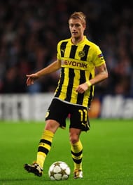 Marco Reus of Borussia Dortmund in action during the UEFA Champions League Group D match between Manchester City and Borussia Dortmund at the Etihad Stadium on October 3, 2012 in Manchester, England.