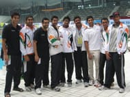 Pradeep Kumar along with the Indian contingent at the Asian Swimming Championship.