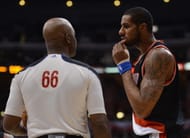LOS ANGELES, CA - JANUARY 27: LaMarcus Aldridge #12 of the Portland Trail Blazers shows an injury to referee Haywoode Workman #66 during the game against the Los Angeles Clippers at Staples Center on January 27, 2013 in Los Angeles, California. NOTE TO USER: User expressly acknowledges and agrees that, by downloading and or using this photograph, User is consenting to the terms and conditions of the Getty Images License Agreement. (Photo by Harry How/Getty Images)