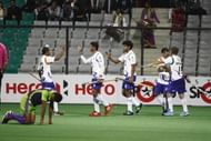 NEW DELHI, INDIA - FEBRUARY 7: UP Wizards players celebrates a goal against Delhi Waveriders during Hockey India League match at Major Dhyan Chand Stadium on February 7, 2013 in New Delhi, India.