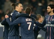 Zlatan Ibrahimovic of PSG celebrates his goal with teammates Jeremy Menez and Javier Pastore during a French Ligue 1 match