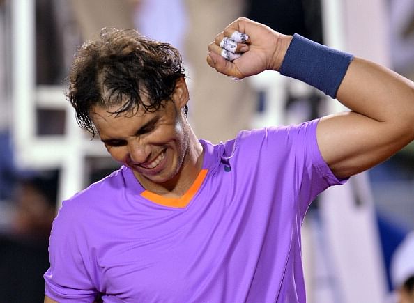 Rafael Nadal celebrates victory over France&#039;s Jeremy Chardy during ATP Vina del Mar tournament semifinal singles match, in Vina del Mar, about 120 km northwest of Santiago, on February 9, 2013.  