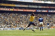 Brazilian soccer star Pele celebrates a goal in Aztec Stadium