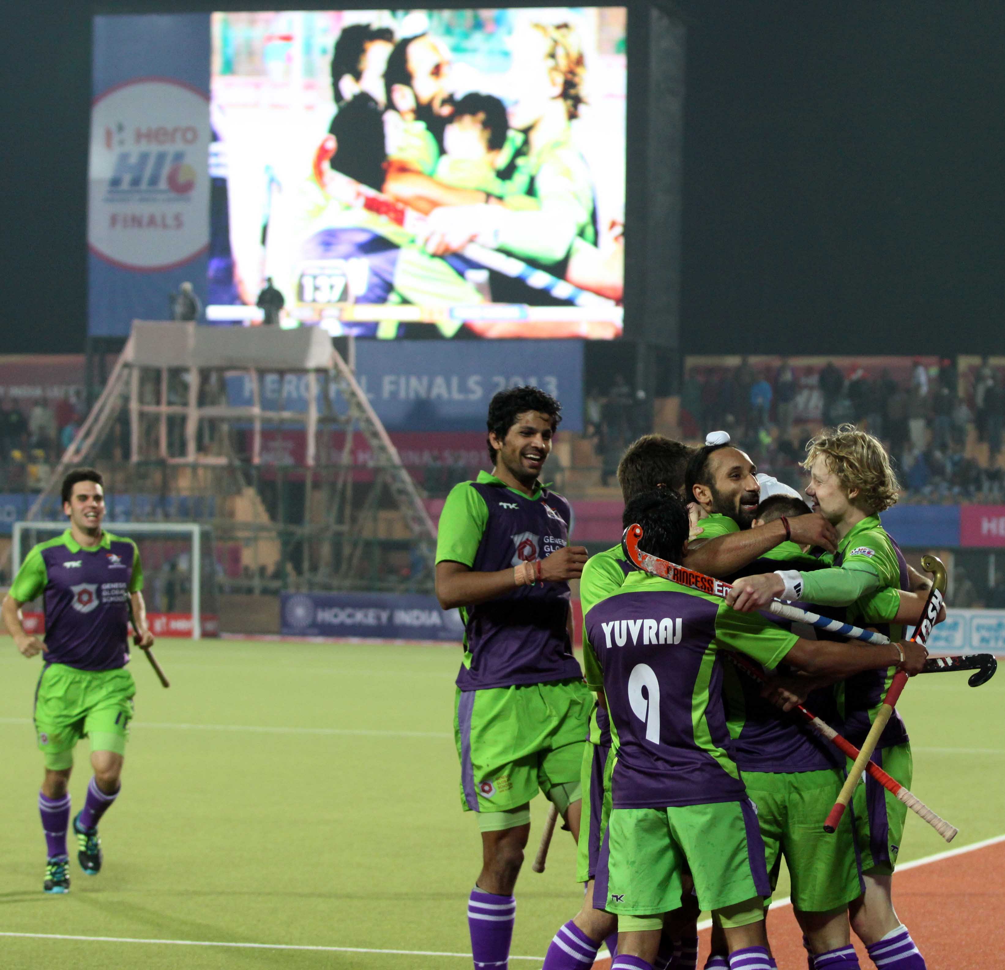 DWR team celebrating their third goal against JPW during the 2nd semi finals at Ranchi on 9th Feb 2013 - Copy
