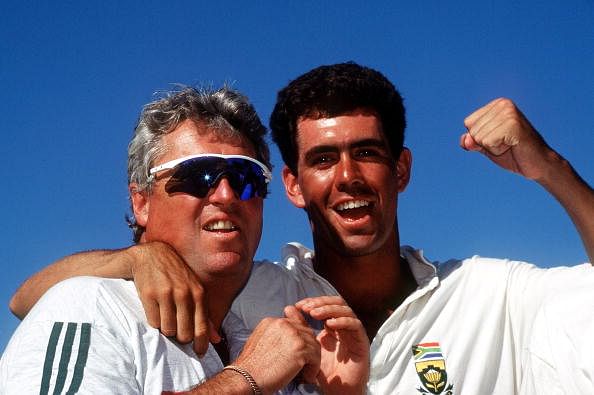 HANSIE CRONJE WITH BOB WOOLMER AFTER SOUTH AFRICA HAD BEATEN ENGLAND IN CAPE TOWN IN 1996