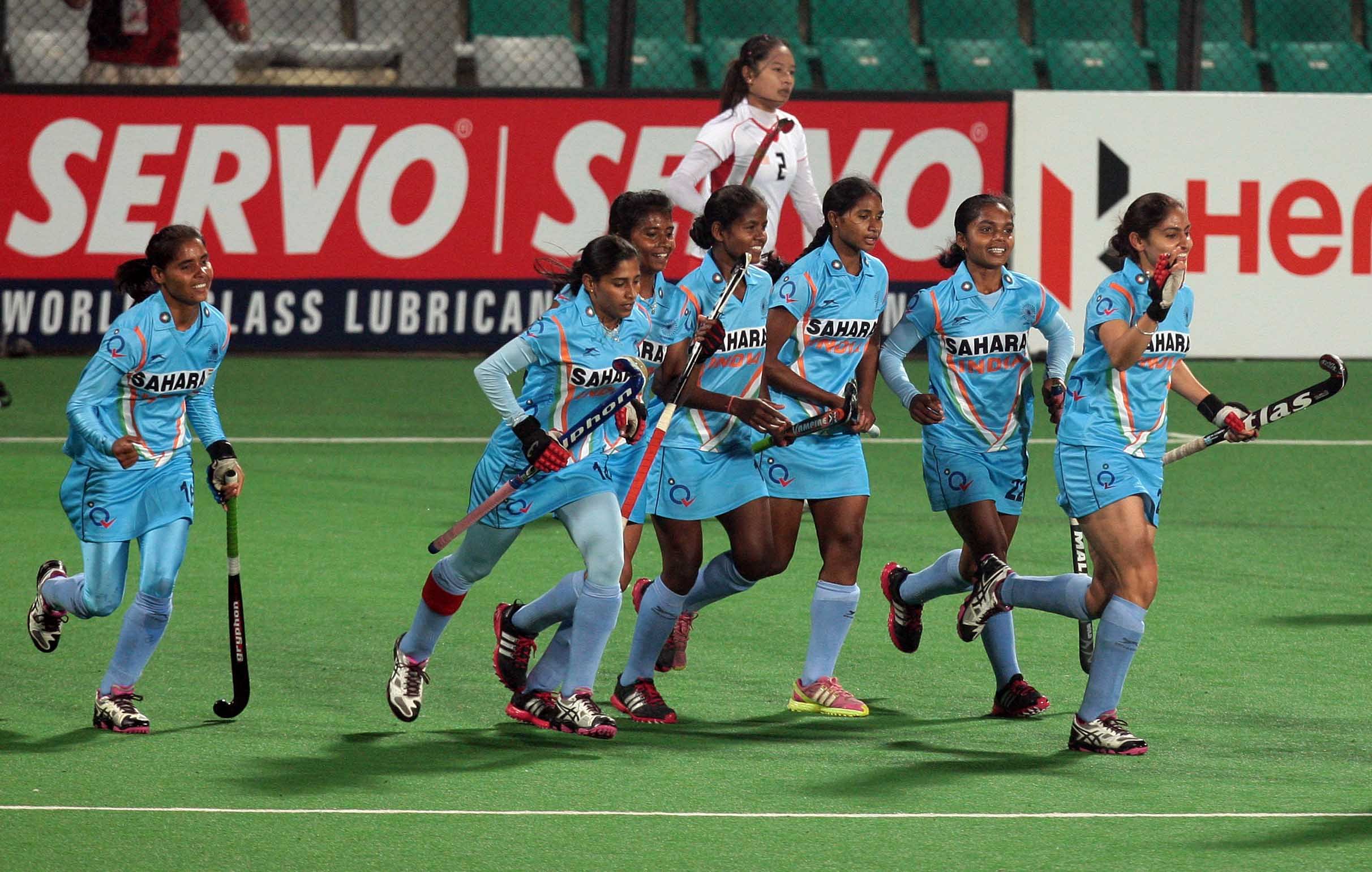 Hero Hockey World league 2013 Indian team celebrates after hit a goal against Malaysia at Delhi on 19th Feb 2013