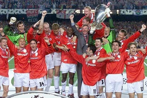 On May 26:Manchester United celebrating their 2-1 Champions League victory over Bayern Munich at Camp Nou