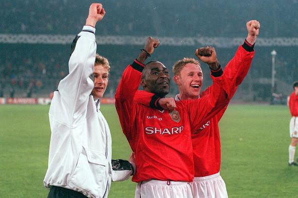 Football. 1999 UEFA Champions League Semi-Final, Second leg. 21st April, 1999. Turin. Juventus 2 v Manchester United 3. Manchester United&#039;s L-R: Ole Gunnar Solskjaer, Andy Cole and Nicky Butt celebrate at the end after reaching the Final