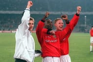 Football. 1999 UEFA Champions League Semi-Final, Second leg. 21st April, 1999. Turin. Juventus 2 v Manchester United 3. Manchester United's L-R: Ole Gunnar Solskjaer, Andy Cole and Nicky Butt celebrate at the end after reaching the Final