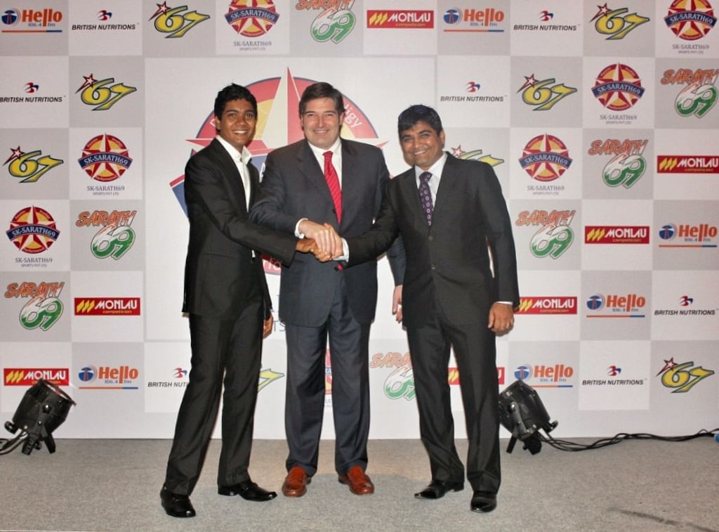 Sarath Kumar with Monlau Competicion Director Jaime Serrano and SK-Sarath69 Director Ramji Govindarajan
