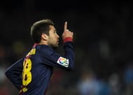 Barcelona's defender Jordi Alba celebrates after scoring during the Spanish Cup semi-final second leg football match FC Barcelona vs Real Madrid CF