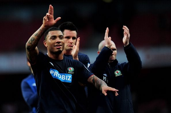 LONDON, ENGLAND - FEBRUARY 16:  Match winning goalscorer Colin Kazim-Richards of Blackburn celebrates his team&#039;s 1-0 victory during the FA Cup with Budweiser fifth round match between Arsenal and Blackburn Rovers