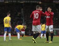 Shinji Kagawa and Wayne Rooney celebrate the latter's goal for Manchester United vs Southampton in the English Premier League.