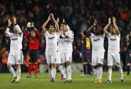 BARCELONA, SPAIN - FEBRUARY 26: Real Madrid celebrate their victory at the end of the Copa del Rey semi final second leg match between FC Barcelona and Real Madrid CF at Camp Nou