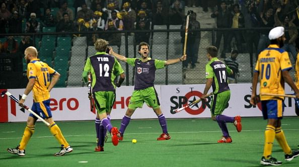 Deecke Oskar of Delhi Waveriders celebrates after scoring the first goal during the first match of Hockey India League against Punjab Warriors