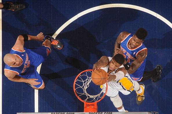 INDIANAPOLIS, IN - FEBRUARY 20:  Paul George #24 of the Indiana Pacers during the game between the Indiana Pacers and the New York Knicks