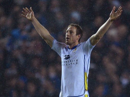 Luciano Becchio, then of Leeds United, celebrates scoring against Chelsea on December 19, 2012