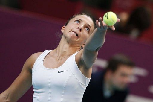 Italy&#039;s Sara Errani serves on January 31, 2013 during the second round of the 21st Paris Open in Paris