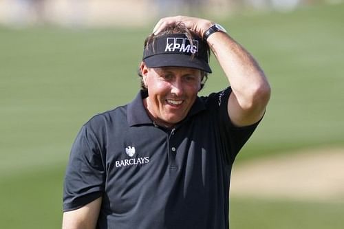 Phil Mickelson rues missing a birdie putt on the ninth hole at the Phoenix Open, on January 31, 2013