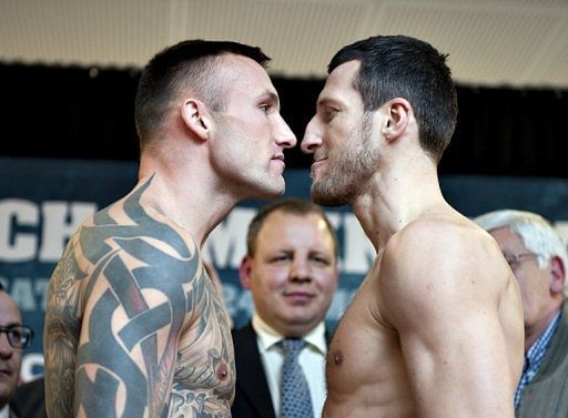 Mikkel Kessler (L) and Carl Froch at the weigh-in before their bout in Herning, Denmark on April 23, 2010