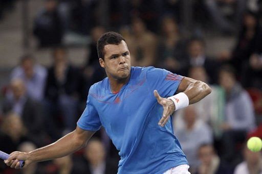 France&#039;s Jo-Wilfried Tsonga returns the ball to his Israeli opponent Amir Weintraub on February 1, 2013