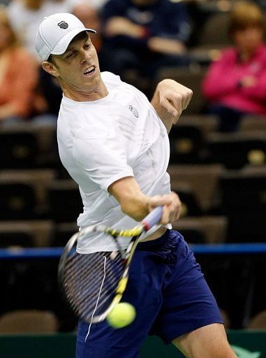 Sam Querrey of the United States plays on February 1, 2013 in Jacksonville, Florida