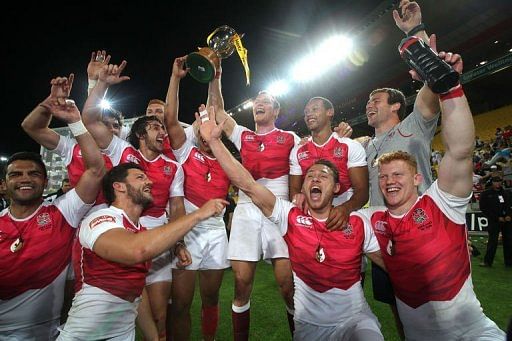England celebrate winning the cup final at the IRB Rugby Sevens World Series in Wellington on February 2, 2013